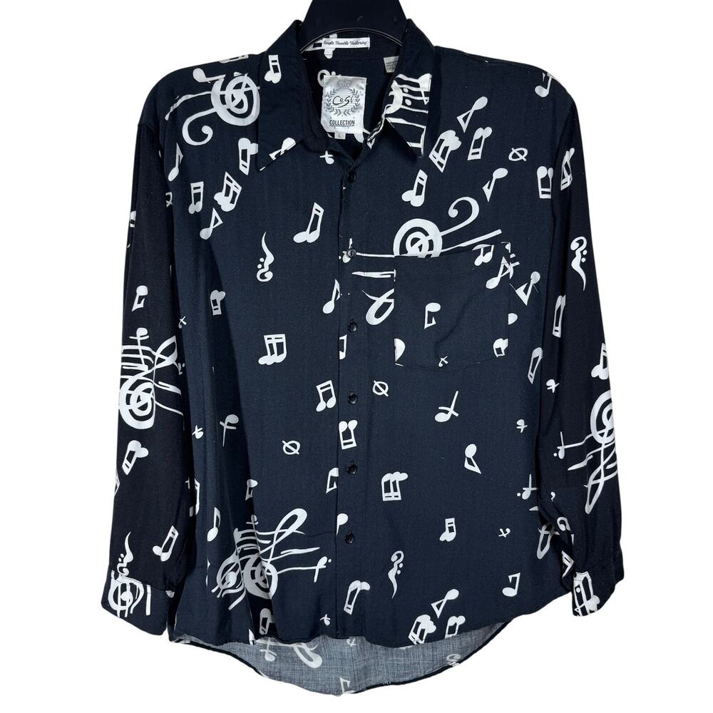 Vintage Cosi Music Note Shirt Size Large Rayon Black Button Up Single Needle 80s